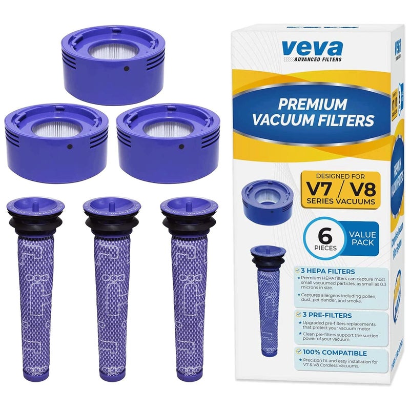 VEVA 6 Pack Premium Vacuum Filter Set with 3 Pre Filters and 3 HEPA Filters Compatible with Dyson V7 & V8 Absolute and Animal Cordless Vacuums, Part # 965661 & 967478 - Image 1